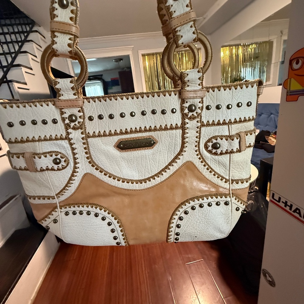 Isabella Fiore White and Tan Tote with Studded Accents